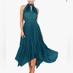 ANRABESS Teal Cutout Halter Satin Pleated Dress